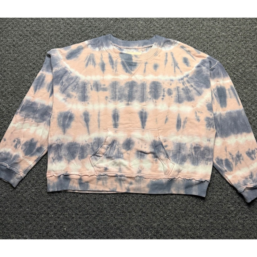 Lucky Brand Womens Tie Dye Sweatshirt Peach Blue Kangaroo Pocket Raw Hem Medium